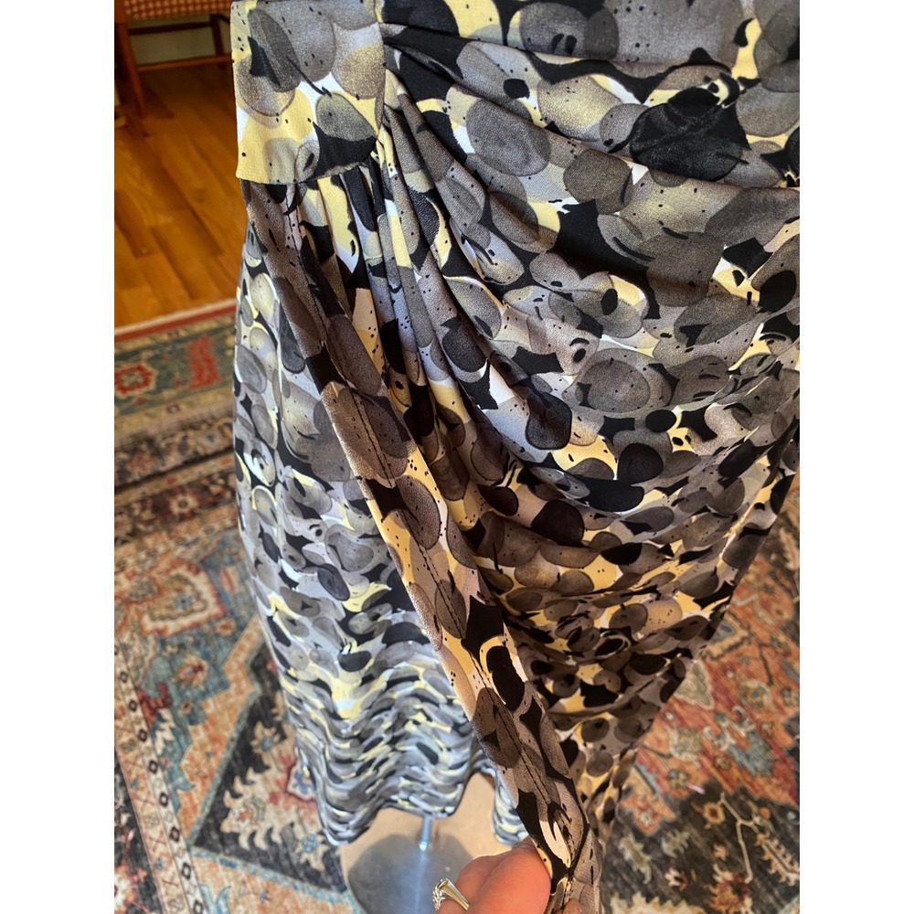 Connected Apparel Grey Yellow Abstract Print Faux Wrap Sheath Dress Size 8 - Picture 7 of 10